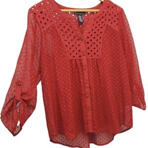 Signature Studio Top Size L Burgundy Red Eyelet Layered Boho Whimsy Cottage Core